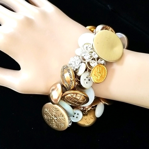 Vintage Rhinestone Pearl Button Charm Bracelet - Picture 10 of 12